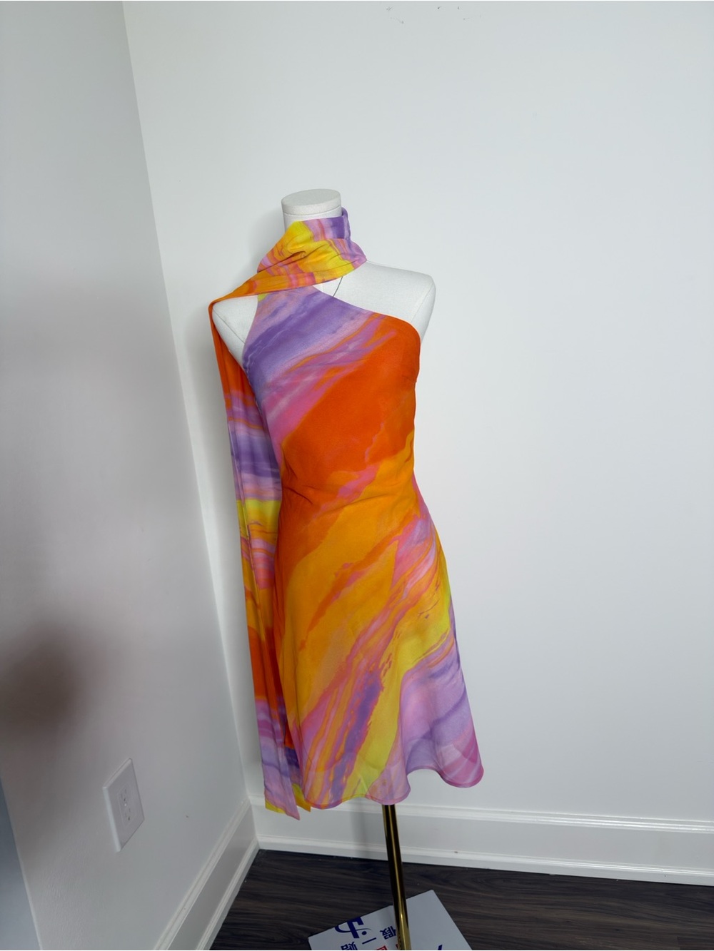 Commense One-Shoulder Watercolor Dress in Orange, Purple & Yellow